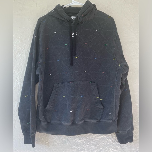 Nike Aop Gel Black Fleece Small Swooshes Pullover Crewneck Hoodie Mens M - Picture 1 of 6